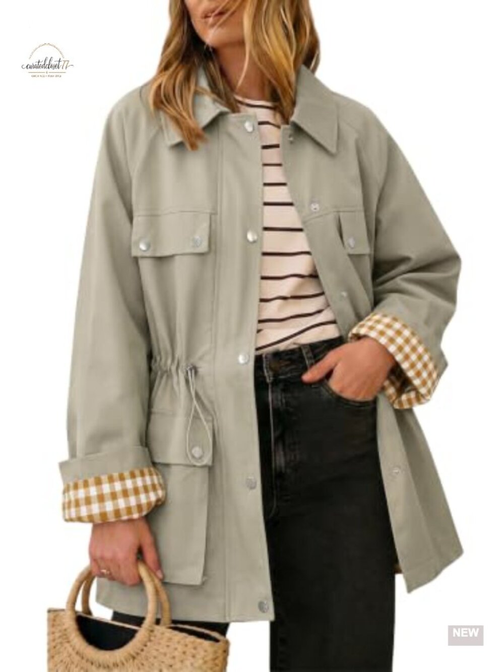 Womens Trench Coat Button Front Drawstring Waist Plaid Lining Fall Jacket